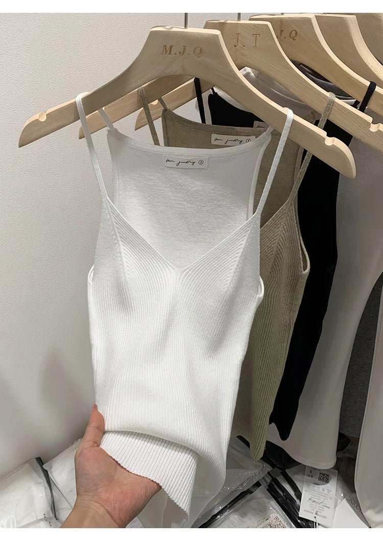 2026 Women Summer Style Sleeveless Vest Solid Color Slim Fit V Neck Knitted Top Fashionable Versatile Base Layer Knit Tank Tops