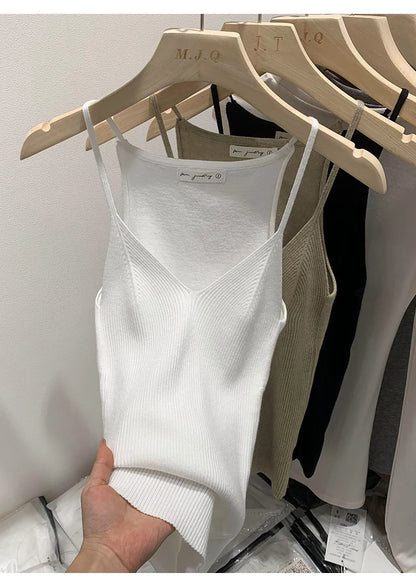 2026 Women Summer Style Sleeveless Vest Solid Color Slim Fit V Neck Knitted Top Fashionable Versatile Base Layer Knit Tank Tops