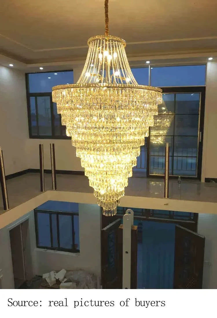 Large Ceiling Long Crystal Chandelier Hotel Lobby Living Room Luxurious Multi Story Staircase Light Golden Stainless Steel Light
