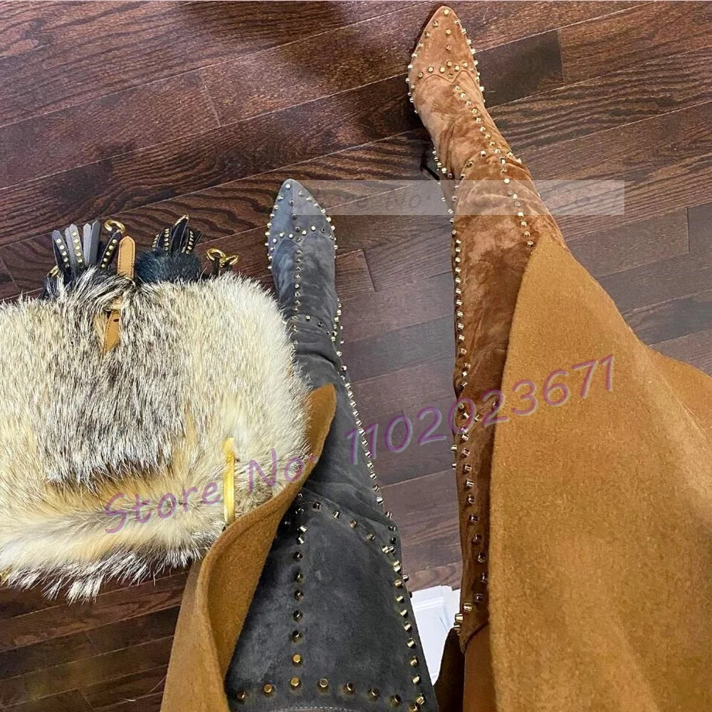 Sparkling Studded Thigh High Boots Women Sexy Metal Rivets Pointy High Heels Suede Leather Shoes Ladies Winter Fashion Boots