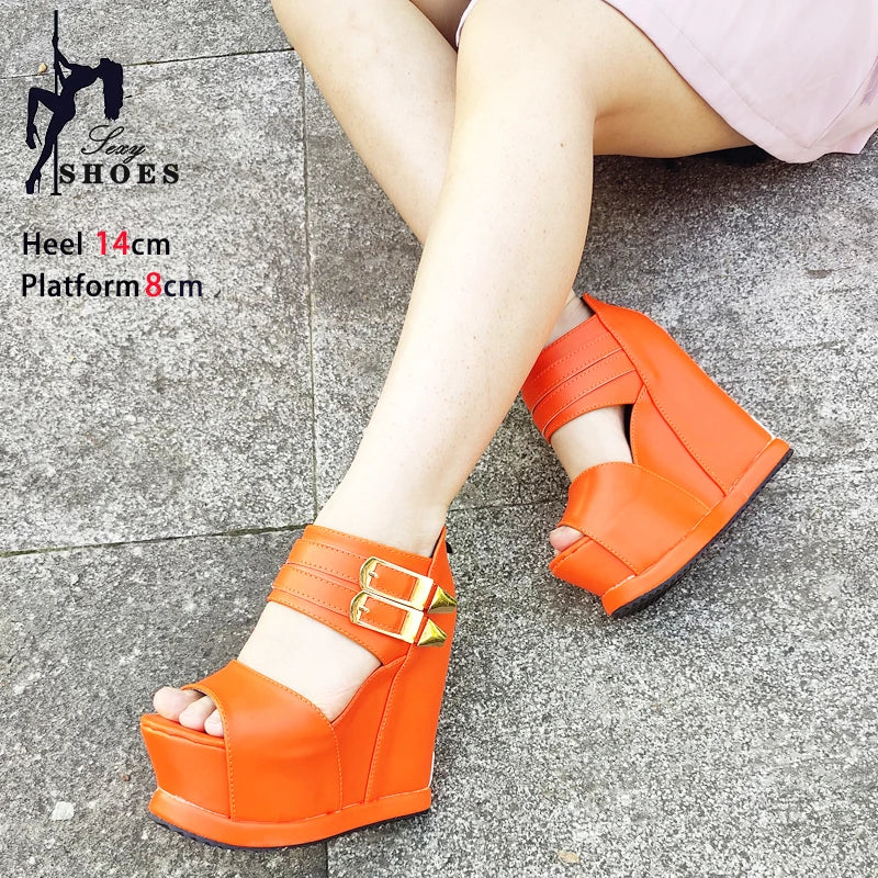 Casual Wedges Thick Platform Sandals 2024 New Women Stage Performance High Heels 14CM Summer Cross-dressing Shoes With Zipper
