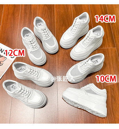 10-14cm Chunky Sneakers Women Platform Shoes Elevator Shoe White Mesh Breathable Sneakers Real Leather Increasing Shoes