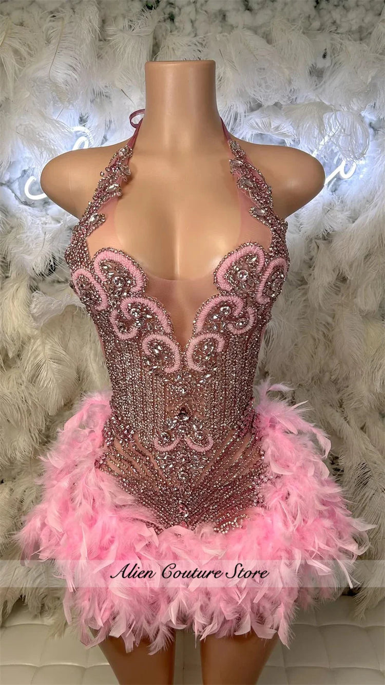 Glitter Pink Crystal Short Prom Dress For Black Girl Homecoming Senior Cocktail Dress Birthday Party Gown Feathers Customized