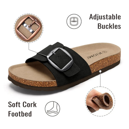 Comwarm Cork Footbed Sandals for Women Genuine Suede Slides Anti-slip Slides Comfortable Fashion Slippers with Adjustable Buckle