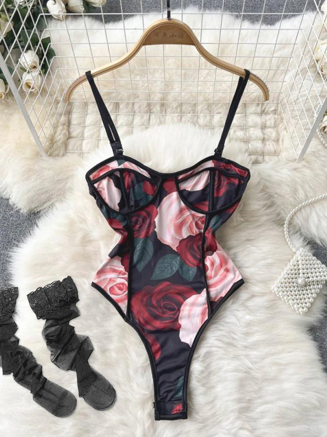 Coquette Lace Lingerie Set Sexy Mesh Bodysuit Valentines Day Sleepwear Gothic Strappy Catsuit Intimate Nightwear Romper