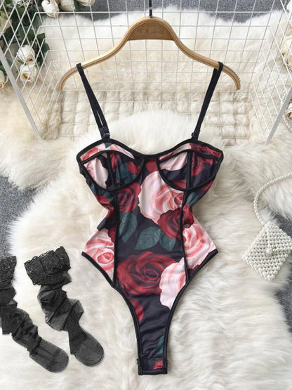 Coquette Lace Lingerie Set Sexy Mesh Bodysuit Valentines Day Sleepwear Gothic Strappy Catsuit Intimate Nightwear Romper
