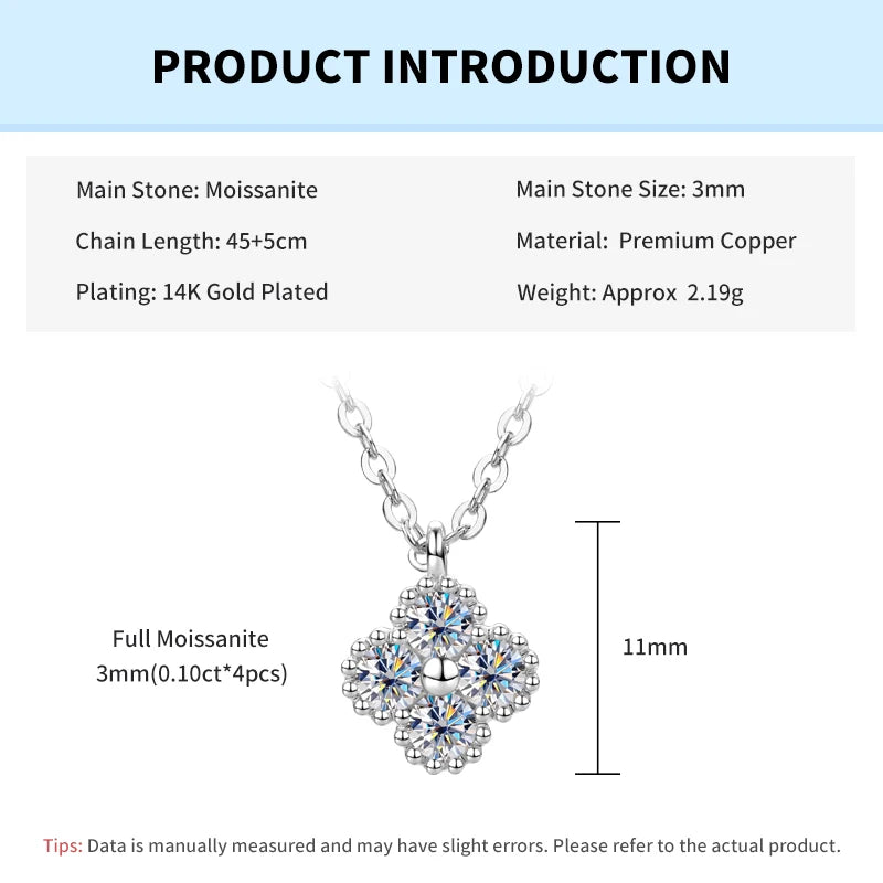 Rrjzz Lucky Clover D-Color Round Moissanite Necklace for Women Four-Leaf Flower Lab Imitation Diamond Pendant Necklace Jewelry