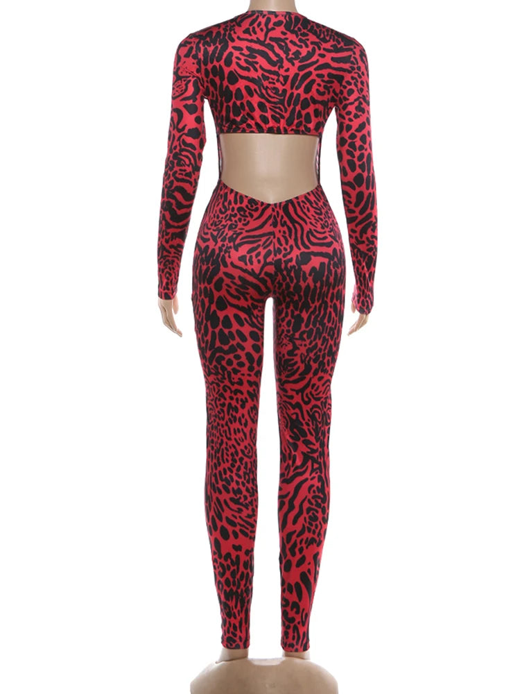 Kliou Leopard Print Jumpsuits Woman Low-Neck Full Sleeve Hollow Waistless Design Hot Girls High Street Fashion Style Overalls