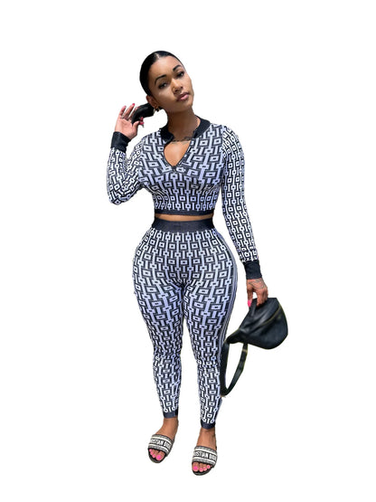 Pant Set Women Two Piece Sets V Neck Full Sleeve Sexy Tops Print Long Pants Elastic Waist Y2k Streetwear Elegant Sheath Slim Fit