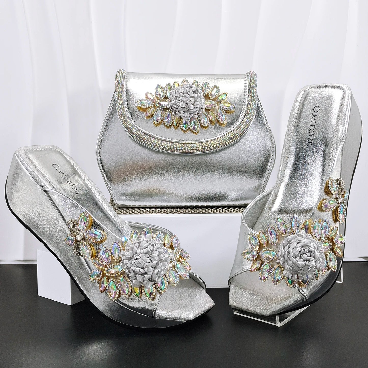 doershow High Quality African Style Ladies Shoes And Bags Set Latest silver Italian Shoes And Bag Set For Party HO1-1