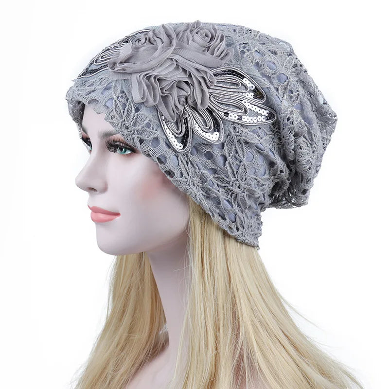 Elegant Women Sequins Lace Turban Cap Flowers Muslim Headwear Hat Female Head Wraps Ladies Headscarf Bonnet Turbante Mejur