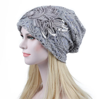 Elegant Women Sequins Lace Turban Cap Flowers Muslim Headwear Hat Female Head Wraps Ladies Headscarf Bonnet Turbante Mejur