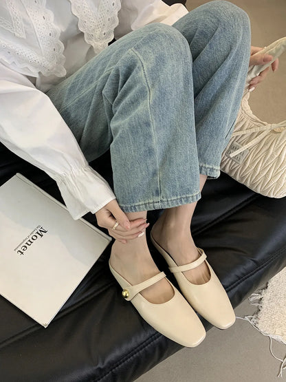 Soft Leather 2025 Ins Silver Buckle Strap Casual Shoes Fashion Flats Elegant Glitter Metallic Mules Shoes Cover Toe Slippers