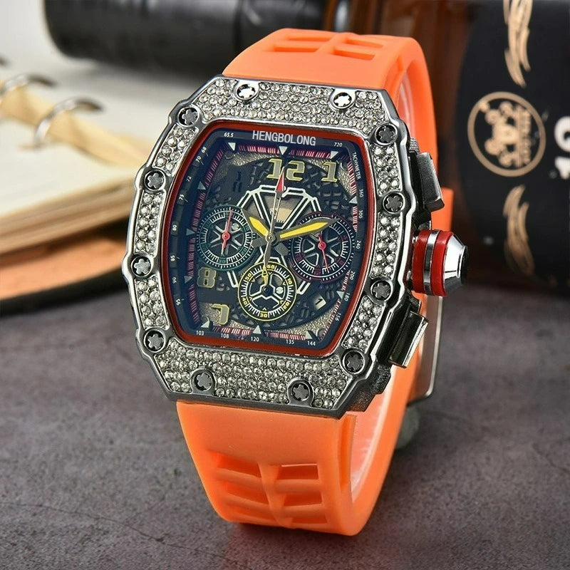 Hengbolong quartz watch men's popular wine barrel diamond-encrusted watch six-pin multi-function running second watch