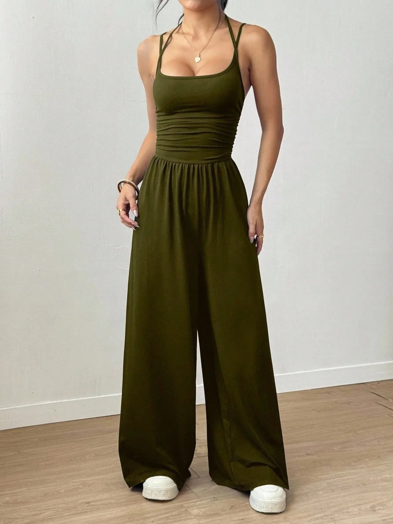 Women Halter Spaghetti Strap Jumpsuits Summer Casual Elastic High Waist Backless Wide Leg Long Pants Romper Club Party Overalls
