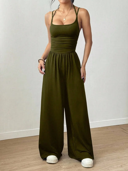 Women Halter Spaghetti Strap Jumpsuits Summer Casual Elastic High Waist Backless Wide Leg Long Pants Romper Club Party Overalls