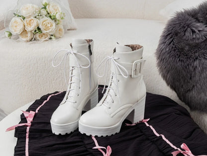 SIMLOVEYO Mortorcycle Ankle Boots Buckles Round Toe 9cm Block Heel Lace Up White Black Big Size 42 43 US12 Fashion