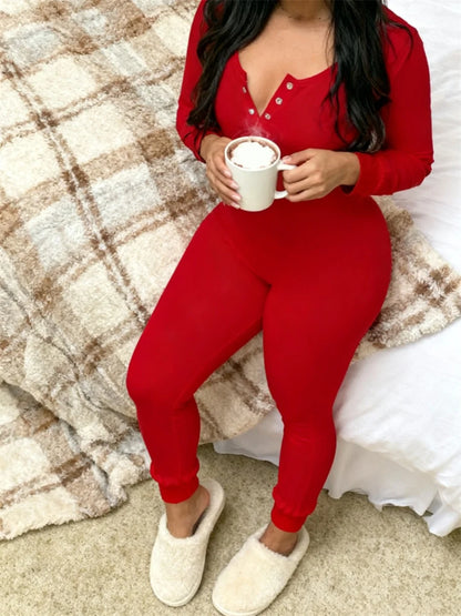 Fall Women Solid Color Jumpsuits Casual Long Sleeve Buttons V Neck Bodycon Romper Spring Streetwear