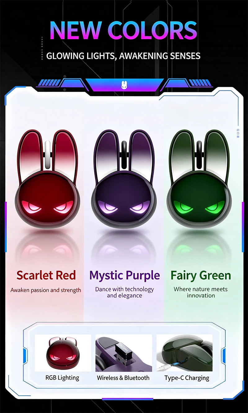 MOFII M6C Evil Rabbit Dual-mode Mouse, Black Cool Rabbit Shape, RGB Ambient Light, Silent Rechargeable, Multi-device Compatible