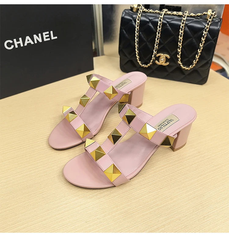 Women's Heels Sandals Gladiator Summer Luxury Brand Designer Rivets Open Toe Slipper Slingbacks Comfortable Ladies Shoes Women