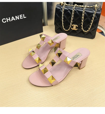 Women's Heels Sandals Gladiator Summer Luxury Brand Designer Rivets Open Toe Slipper Slingbacks Comfortable Ladies Shoes Women