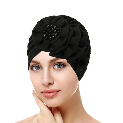 Solid Color Flowers Muslim Hijab Caps Beading Women Wrap Head Ramadan Ladies Fashion Headwear Turban Bonnet