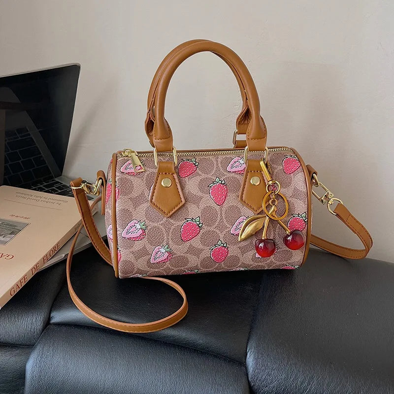 2026 Luxury Designers Crossbody Bags Cherry Pattern PU Leather Boston Handbag Shoulder Bags Bolsos Mujer Bags Woman Tote Bag