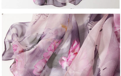 Ink Painting Lotus Summer Beach Sun Protection Chiffon Georgette Scarf Women Foulard Shawl Bandana Elegant Thin Breathable