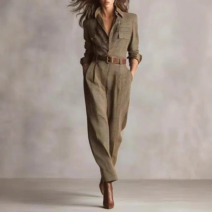 Womens Retro Plaid Jumpsuit Fashion Lapel Collar Button Pocket Long Workwear Jumpsuit AutumnCasual Office Jumpsuits