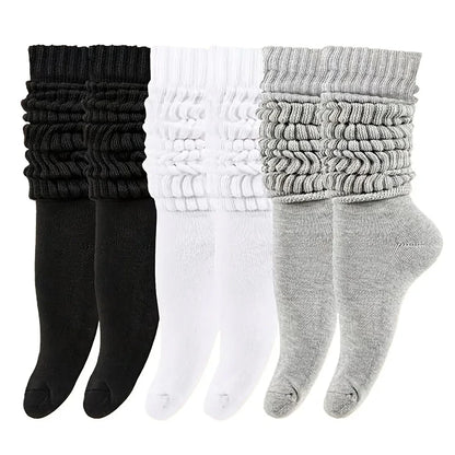 3 Pairs Women Pile Up Socks Fashionable Trendy Versatile White Solid Color Basic Socks Comfortable Breathable Mid Length Socks