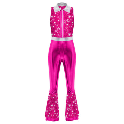 70s 80s Disco Costume Women's Streetwear Jumpsuit Shiny Clubwear Flared Long Pants Rompers Flares Metallic Hippie Party Outfit