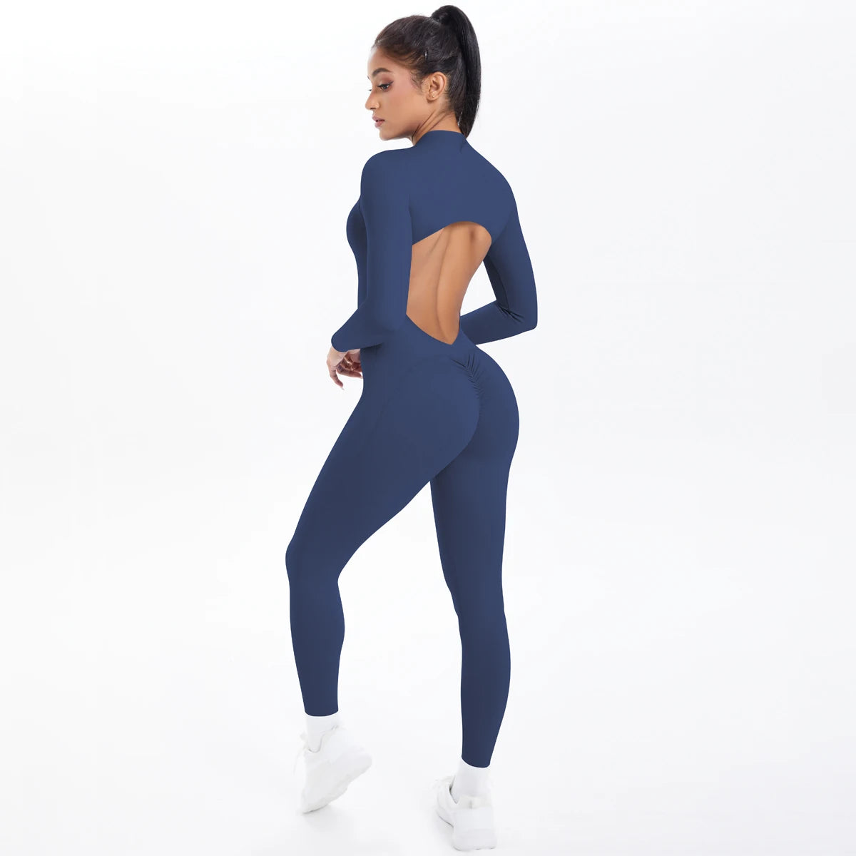 Solid Color Bodysuits for Woman's Backless Long Sleeved Zipper Yoga Jumpsuits High Dtrength Workout Sports Fitness Clothing Set