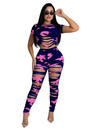 Wmstar Women Two Piece Set Summer Sexy Sport Fashion Casual Ripped Sweatshirt Sweat Camouflage Print Pant Sets Outfit Tracksuit