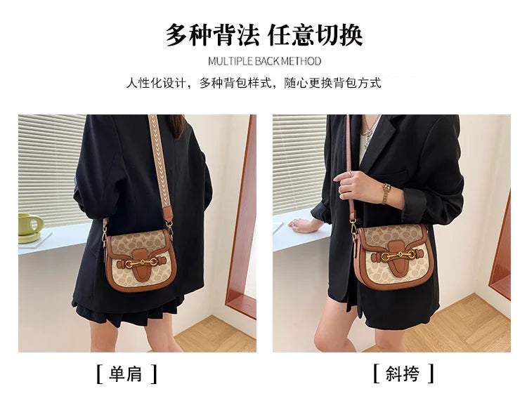 Women Retro Print Saddle Crossbody Bag Luxury Horse Bit Buckle Small Shoulder Bag Fashion PU Leather Ladies Daily Handbag