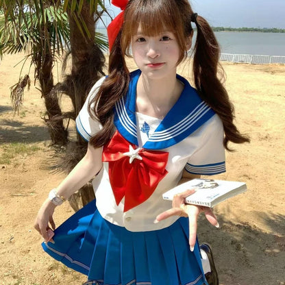 Summer and Autumn Sailor Suit Japanese Style Schoolgirl Blue Short-Sleeved Set Cos Female Students