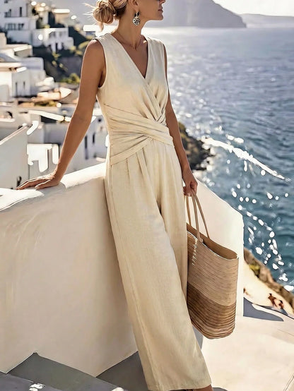 Fashion Light Blue Wide Leg Pants Jumpsuit Women's V-neck Sleeveless Cross Wrap Waist Design Rompers Summer Casual Jumpsuits