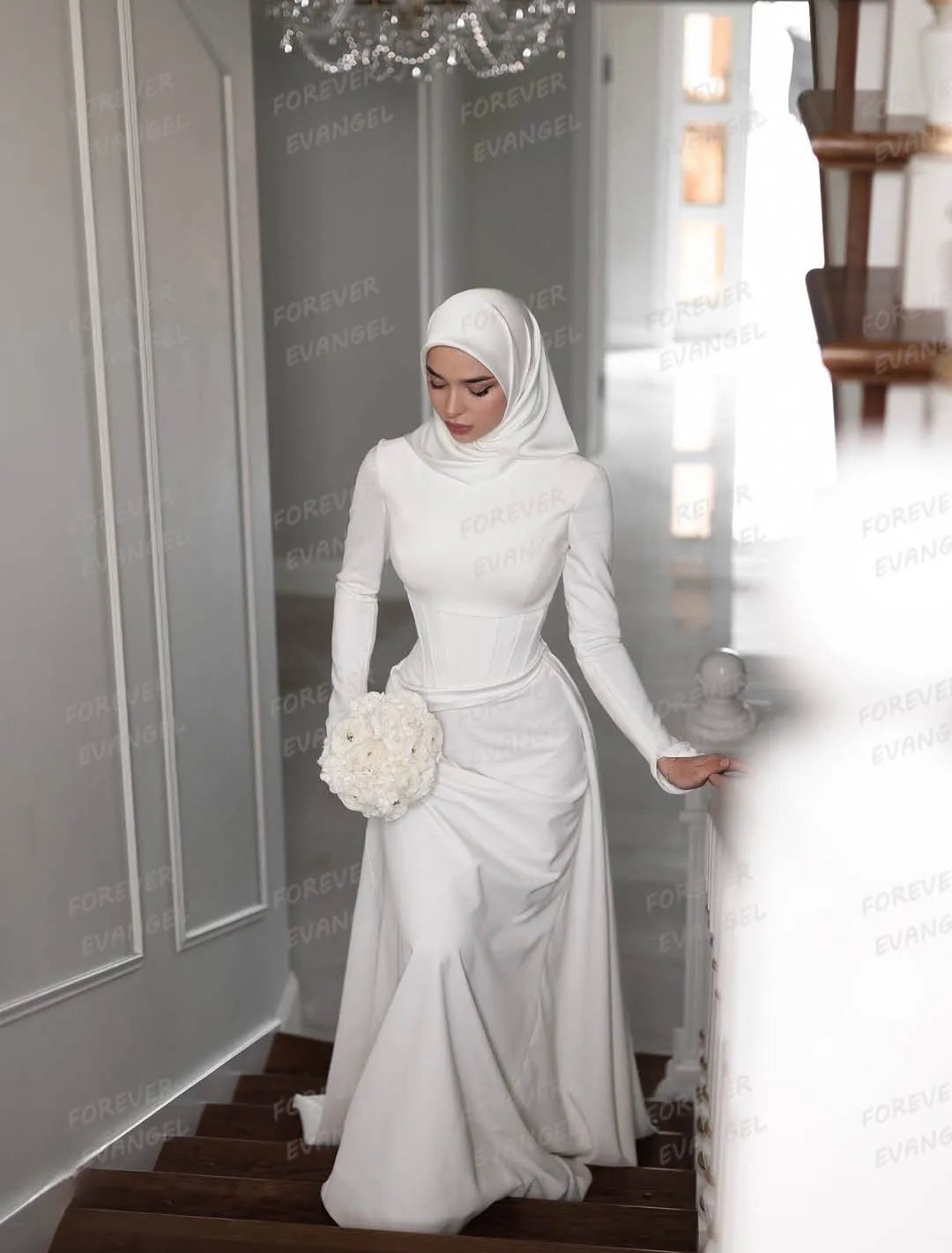 Simple Formal Wedding Dresses Muslim Woman Satin Bride Gowns High Neck Long Sleeve Ruffles Elegant Vestidos De Noche Customized