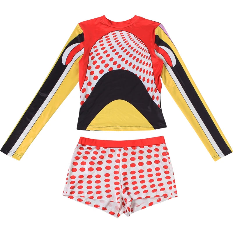 Sisterlinda Trend 2 Piece Set Women Sexy Colorful Print O-Neck Full Sleeve Patchwork T-Shirt+Polka Dot Bike Short Streetwear