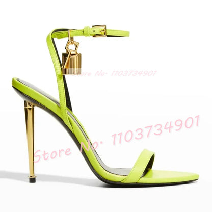 Metal Heel Lock Metallic Leather Sandals Female Luxury Open Toe Stiletto High Heels Shoes Lady Elegant Party Ankle Strap Sandals