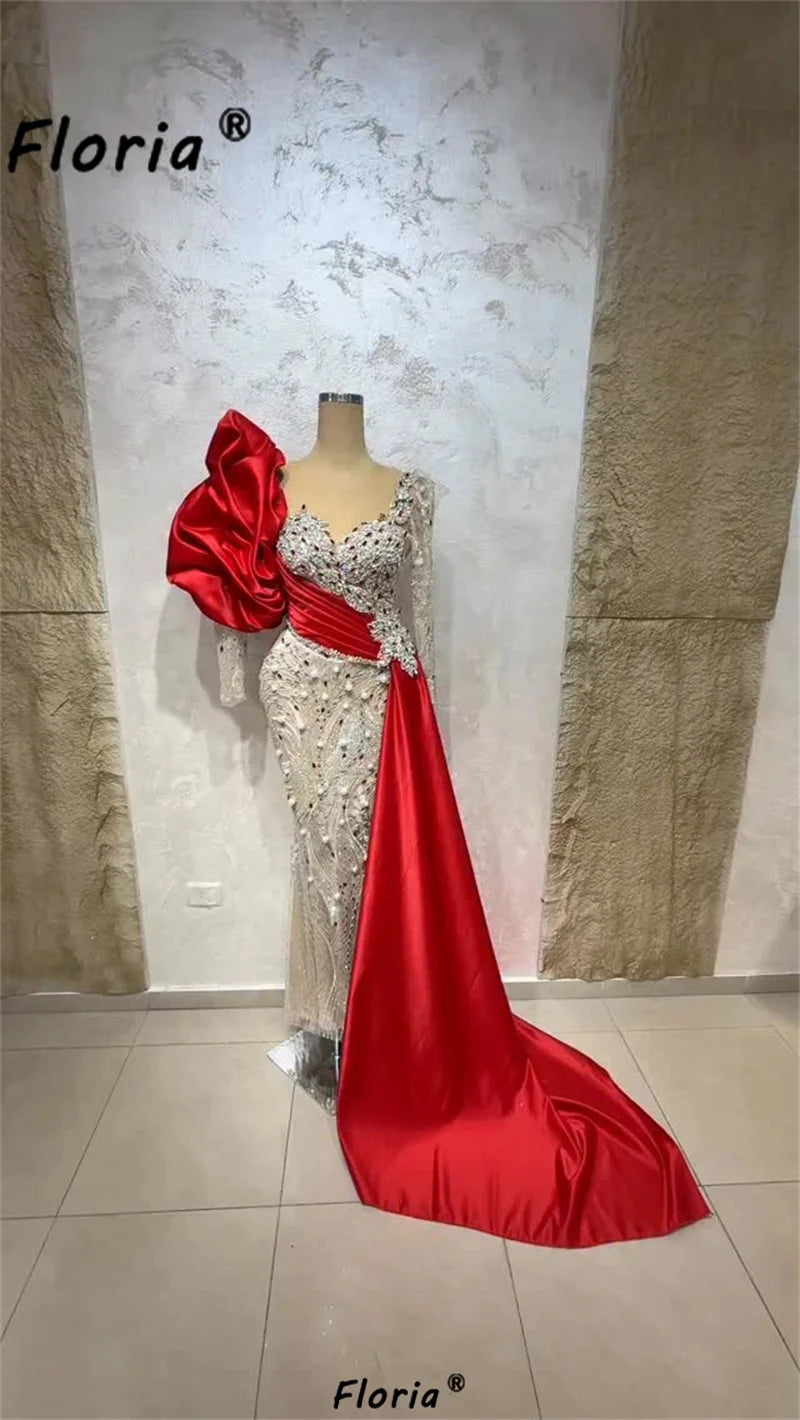 Dubai Red Wedding Dress with Tail Pearl Crystals Beads Mermaid Bridal Gown Puffy Sleeve Formal Party Customized Vestidos noche