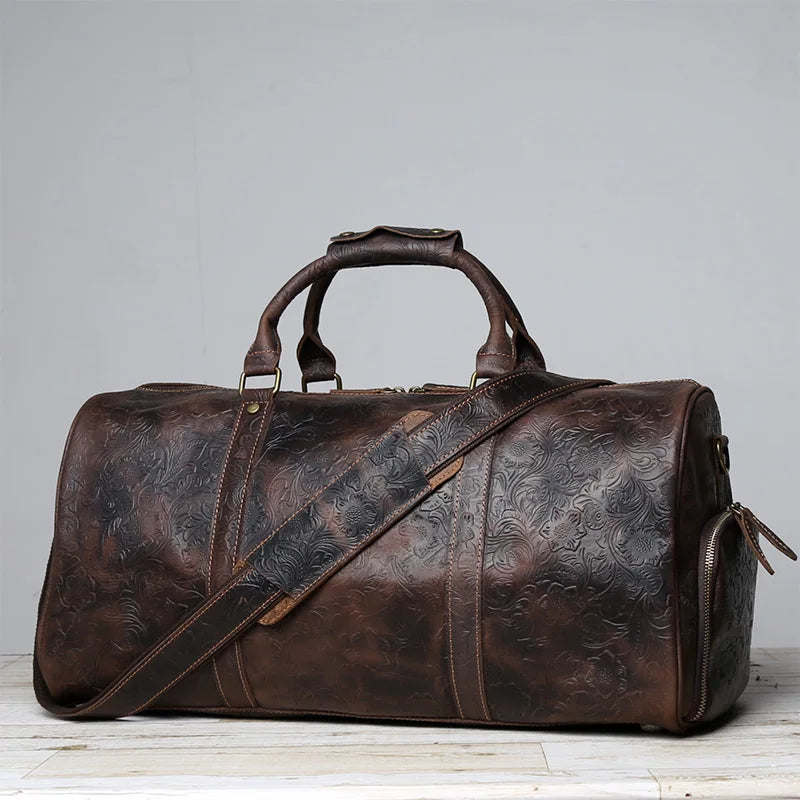 Vintage Embossed Tote High-Capacity Leather For A Short Trip Baotou Leather Belt Shoe Compartment Clothes Duffel Bag Gym Bag