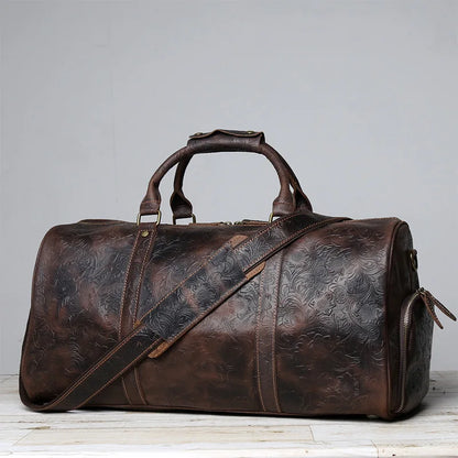 Vintage Embossed Tote High-Capacity Leather For A Short Trip Baotou Leather Belt Shoe Compartment Clothes Duffel Bag Gym Bag