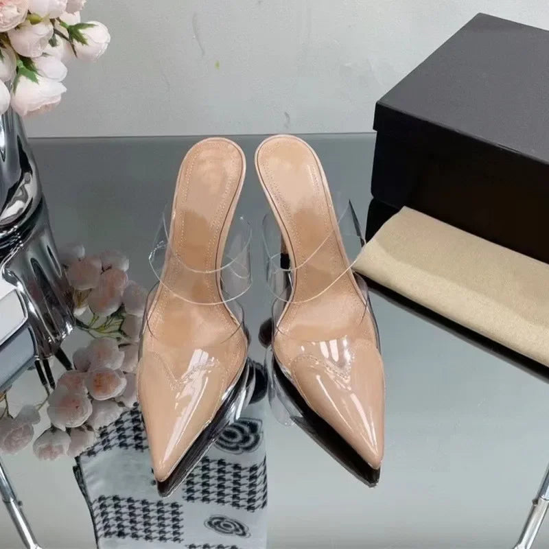 Elegant Pointed Toe Transparent PVC Heart High Heels Mules Slipper Shoes Women 2025 Black White Red Shoes Luxury Designer Pumps
