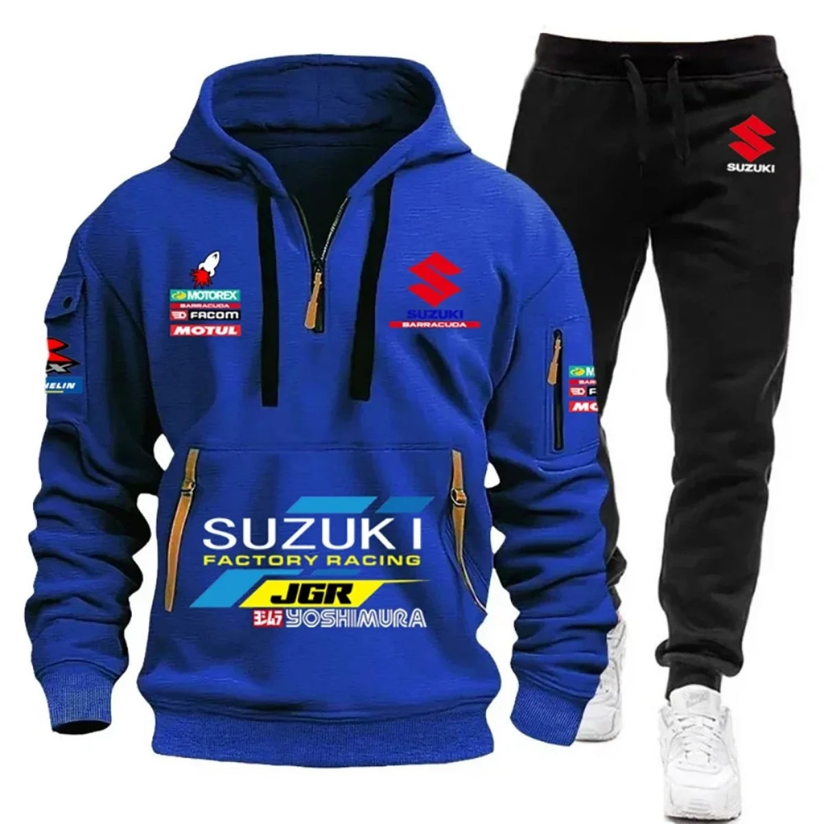 2026 Suzuki Men's Hoodie, Half-Closed Front Multi-Pocket Sport Shirt + Athletic Pants Two-Piece Set for Cycling, Running and Mot