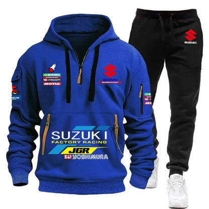 2026 Suzuki Men's Hoodie, Half-Closed Front Multi-Pocket Sport Shirt + Athletic Pants Two-Piece Set for Cycling, Running and Mot