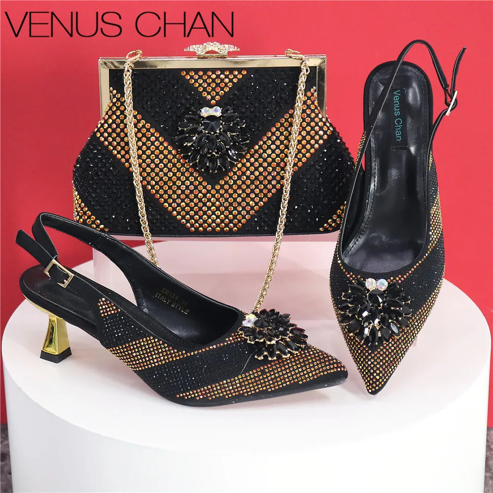 Newest Arrivals Special Design Silver Color African Women Shoes and Bag Set Pointed Toe Pumps for Wedding Party