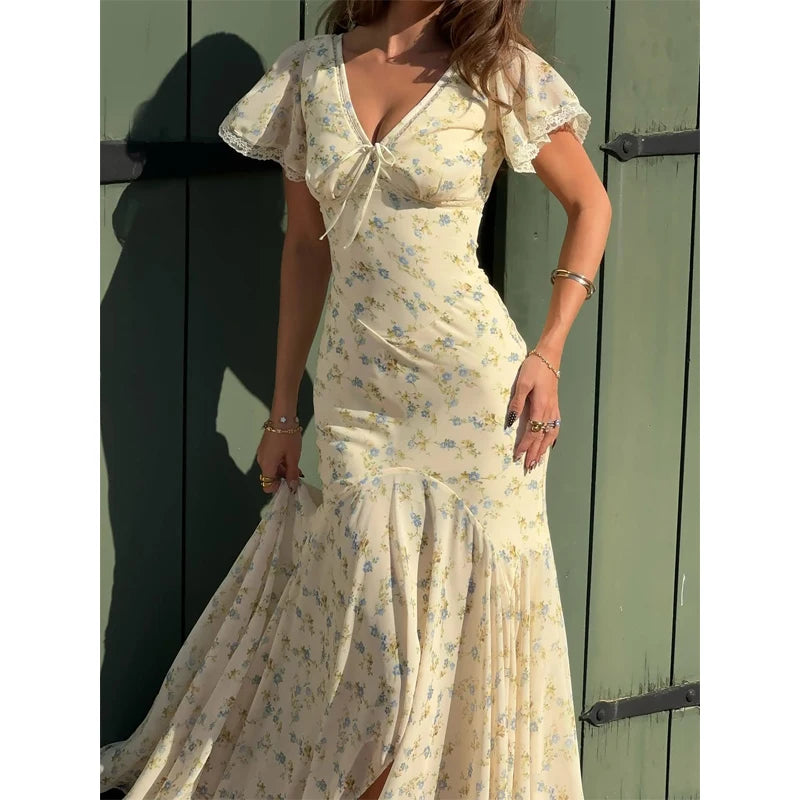 Fashion V-neck Floral Women Maxi Dress Flutter Sleeve Lace Trim High Waist Chiffon Vestidos Summer Female Daily Vacation Dresses