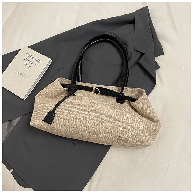 CLAREGQI  Women's Large Capacity Canvas Tote Bag, Leather Handle Shoulder Underarm Bag, Versatile Casual Commuter & Travel Handb