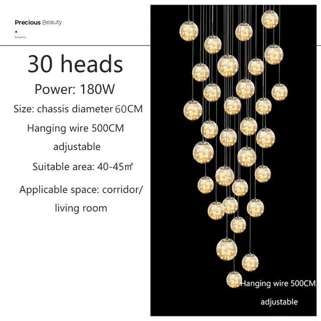 Modern LED Chandelier Glass Ball Dimmable Pendant Lamp for Staircase Living Room Home Decor Suspension Lighting Design Lusters