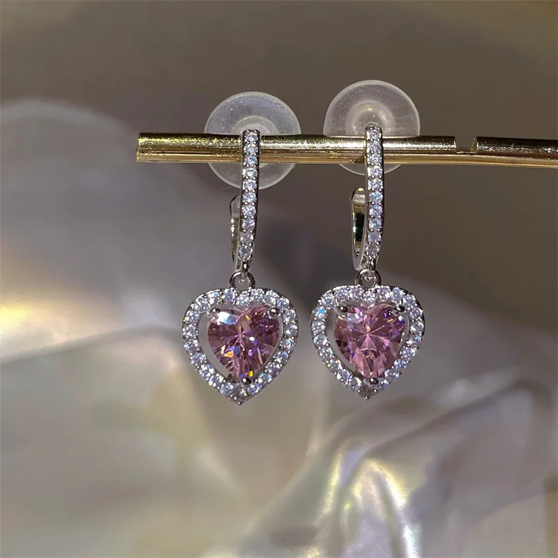 Exquisite Pink Heart Shape Bowknot Stud Earrings For Women Shining CZ Zircon Love Earring Wedding Party Temperament Jewelry